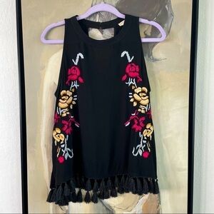 miss Love Embroidered Floral Tassel Top